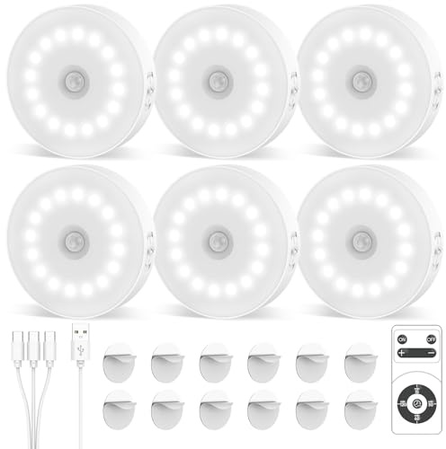 JVURICE 6PCS Schranklicht mit Bewegungsmelder, 16 LED-Chips Schrankbeleuchtung mit Fernbedienung-10h Dauerlicht, 4 Timer-Stufen, Dual-Sensor (Licht/Bewegung) für Küche, Flur (weiß)