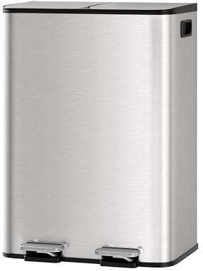 GarveeHome Cubo basura cocina sistema separación residuos 2 compartimentos pedal metálico tapa cierre suave reciclaje residuos orgánicos cubos interiores extraíbles (Color acero inoxidable, 2 x 30 L)