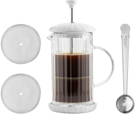 Price & Kensington Luxe French Press White Cafetiere 350 ml (up to 1-1.5 small cups) Double Wall Glass Coffee Maker with Stainless Steel Plunger Filter, Ceramic Coaster