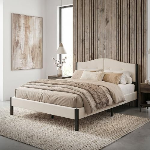 ML-Design Polsterbett 140x200 cm, Doppelbett mit stabilem Bettgestell, Bettrahmen mit gepolstertes Kopfteil & Lattenrost, Modernes Jugendbett, Bett für Schlafzimmer, Stahlrahmen & Leinenstoff, Beige
