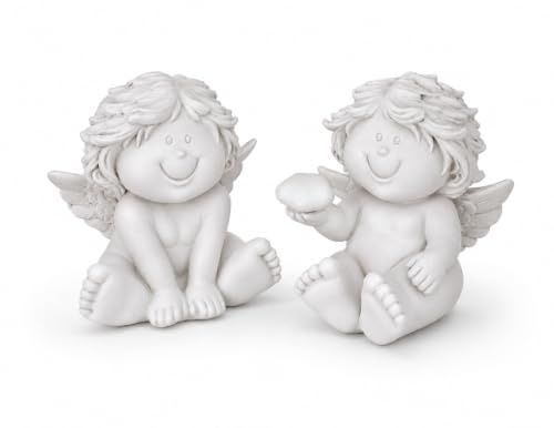 TEMPELWELT® Deko Engel Figur Schutzengel Sitzend im 2er Set je 8 cm, Polystein Weiß, Dekofigur Engelpaar Engelkinder Engelfigur Dekoengel Engelchen