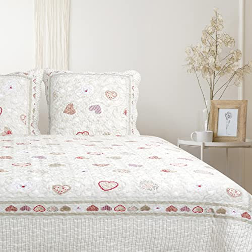 Autrefois Frenchy Rose 230x250 cm avec 2 Taies d'oreiller 65x65 cm, Couvre-lit Matelassé 2 Personnes, Dessus de lit Coeur