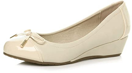 AJVANI Low mid Heel Wedge Bow Smart Dolly Ballerina Court Shoes Size 8 41 Nude
