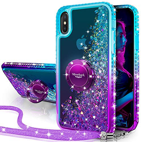Silverback Moving Liquid Holographic Sparkle Glitter Case With Stand, Bling Diamond Bumper Ring Shockproof Protective Case for iPhone Xs Max - Purple