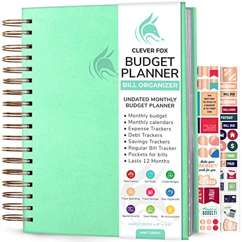 Clever Fox Planificateur de Budget Organiseur Factures Mensuelles avec Poches Carnet de Suivi Dépenses, Journal de Budgétisation Planificateur Financier Livre de Budget Grande Taille - Vert Menthe