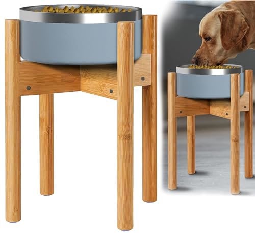 Dog Bowl Stand for Large Dogs - Height 14-inch, Adjustable, Lockable Width 8-11inches Wide - Food and Water Feeder Holder - Bamboo