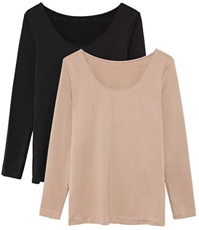 Pack de 2 Camisetas Interiores Mujer Manga Larga Licra Sin Costuras Seamless Colores Lisos (Negro-Visón, M-L)