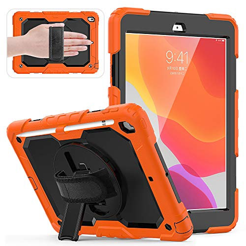 Lobwerk 4in1 Hülle für Apple iPad (7th Generation) 2019 10.2 Zoll Outdoor Cover mit Displayschutz Handschlaufe Schultergurt Orange