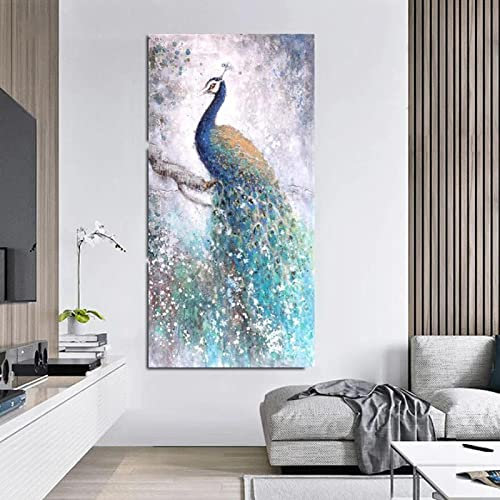 Europäische Kunst Leinwand Gemälde und Poster Glücksvogel Blau Pfau Tier für Zuhause Wohnzimmer Kunst Bild Dekoration 60x120cm Rahmenlos