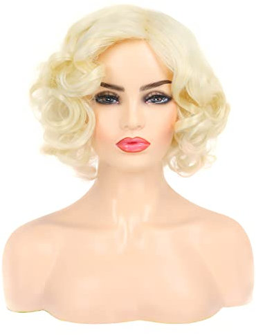 Baruisi Short Curly Blonde Wig for Women Synthetic Natural Wavy Costume Wig for Cosplay Party