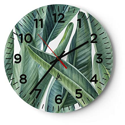 Modern Wanduhr Exotisch Blätter Grün 30x30cm Rund Klein Wand Uhr Glas Analog Zimmeruhren Küche Büro Wohnzimmer Glasuhr Wall Clock Dekoration Design Wanddekoration Küchenuhr C4AR30x30-4258