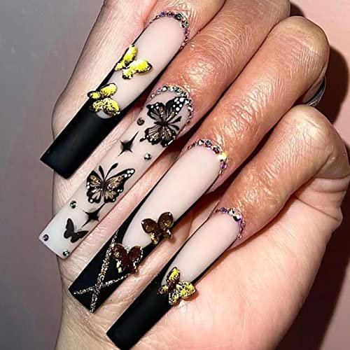 runrayay Black Butterfly Fack Nails Long with Nail Charms, Press on Nails for Women Girls, Nude Nails Press on Full Cover Nails Tips for Festival Salon Nail