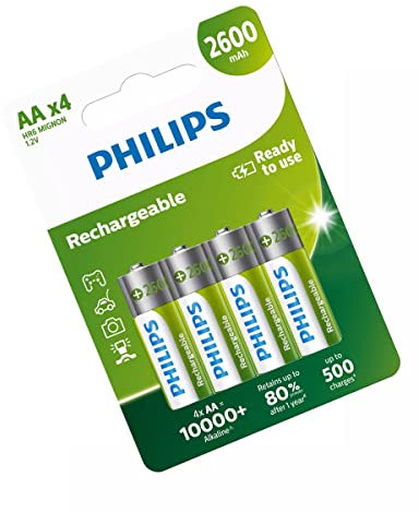 Piles Rechargeables AA - Pack de 4 Piles 2600 mAh PHILPS