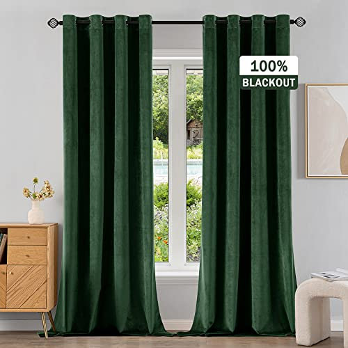 EMEMA 2 Stück 100% Blickdicht Verdunklungsvorhang Samtvorhänge Vorhang mit Ösen Thermogardine Ösenvorhang Verdunkelungsgardinen für Schlafzimmer Wohnzimmer, 140 x 175 cm Dunkelgrün