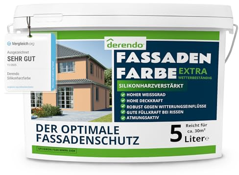 derendo Fassadenfarbe Orange silikonharzverstärkt aussen Hellorange 5l | Für Putz Beton, Abperleffekt, wasserabweisend, UV-beständig, hohe Deckkraft, rissfüllend, diffusionsoffen, Made in Germany