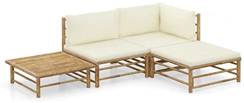 Yolola Gartenmöbel Set Bambus Gartenlounge mit Cremeweißen Kissen Loungemöbel Terrasse Garten Lounge Sofa Outdoor Couch Set Sitzgruppe Garten Sofagarnitur Terassenmöbel 4-TLG