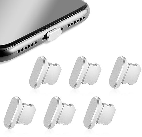 Rumyve 6-Piece Mobile Phone Anti-Dust Plug Set - Premium Aluminum Alloy Charging Port Covers for iPhone, iPad, and AirPods(Silver)