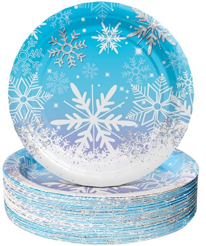 AFZMON 50 Stück Eiskönigin Partyteller Dessertteller aus Papier, 17,8 cm, Winter-Schneeflocken-Thema, Einweg-Teller für Weihnachten, Winterwunderland, Frozen-Mottoparty-Zubehör