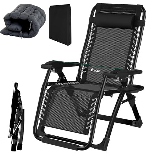 Fiutazge 65cm Ampio Sedia a sdraio pieghevole da giardino con Imbottitura Regolabile,Poggiatesta, Supporto per Bevande,Sdraio da Giardino per patio, Giardino, Spiaggia,Piscina-Nero