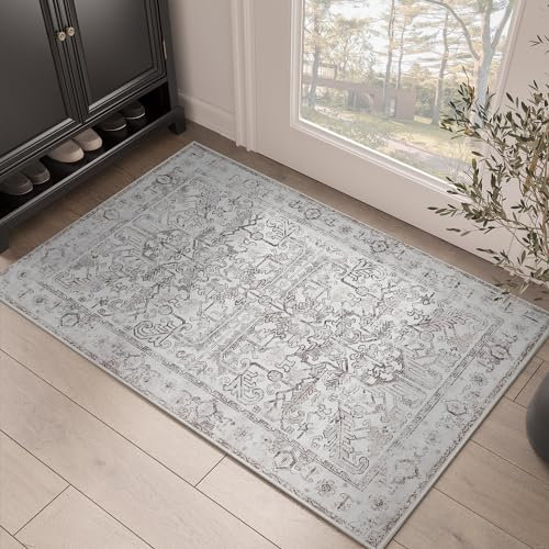 TOPICK FußMatte 60x90cm Braun Teppich Vintage Fussmatte Eingangsmatte Faltbar Dünner Waschbar Blumendruck Teppich Rutschfester für Haustür, Eingangs, Patio, Flur