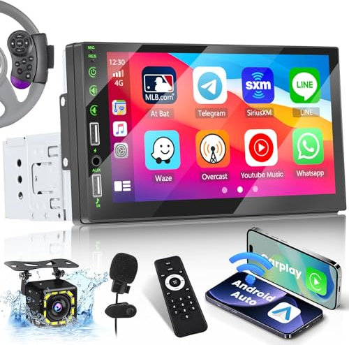 Hikity Autoradio 1 DIN con Schermo CarPlay Android Auto 7 Pollici Touch Display Autoradio con Bluetooth Vivavoce Mirror Link FM 2 USB/Type-C SWC AUX Microfono Retrocamera