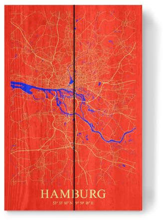 artboxONE Holzbild 30x20 cm Städte/Hamburg Hamburger City Karte von Künstler Webwald