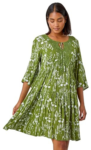 Roman Originals Smock Dress for Women UK Ladies Cotton Summer Embroidered Frilled Tiered Casual Beach Cruise Holiday Cocktail Party 3/4 Sleeve Pull On Gathered Skirt - Khaki - Size 10