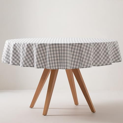 GAMUSI Nappe Anti-Taches Ronde Carreau Vichy, Coton, Toucher Tissu, 160 x 160 cm Couleur Gris Clair