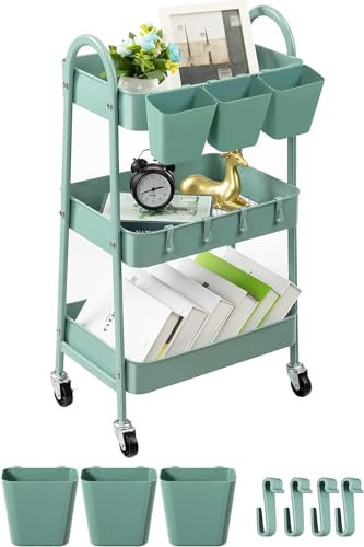 danpinera Rollwagen mit 3 Ebenen, Rollwagen aus Metall, Rollwagen mit Rädern, hängende Bechern & Haken, mobiler Rollwagen für Küche, Bad, Büro, Werkstatt, Grün