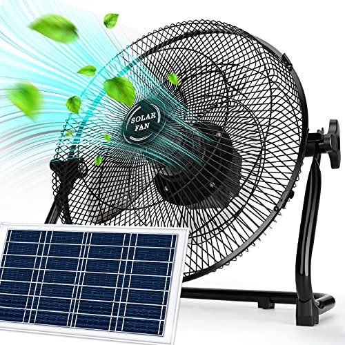 DBF Ventilador solar de 12 pulgadas, funciona con pilas, panel solar 2 en 1 y carga de adaptador de CA, ventilador de piso portátil de 18 velocidades continuas, recargable, ventiladores inalámbricos