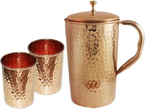 Grainex Copper Hammered Jug with 2 Tumbler | Copper Pitcher for Ayurveda Health Benefits | Copper Water Hammered Jug with Lid and Brass Handle (Modern Style)