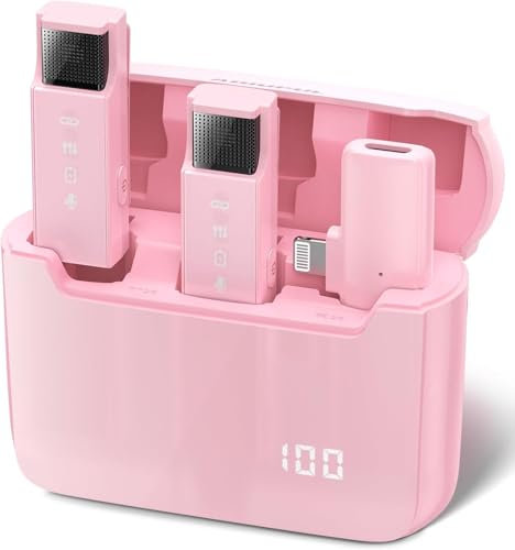 ADIUPUL Wireless Tie Microphone for iPhone iPad with LED Light, Mini Microphone with 30 Hours Charging Case and Active Noise Cancellation - Pink