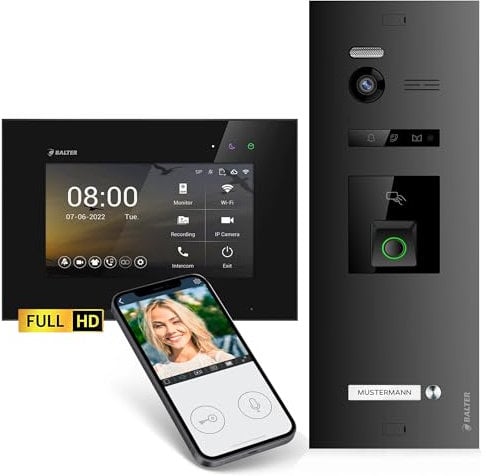 Balter EVO-HD Video Türsprechanlage mit Fingerprint, Video Türklingel, Smartphone App,1 Familienhaus, 1x 7 Zoll Monitore, Türklingel mit Kamera Full HD, 2 Draht Bus, 175° Weitwinkel, RFID,1080P