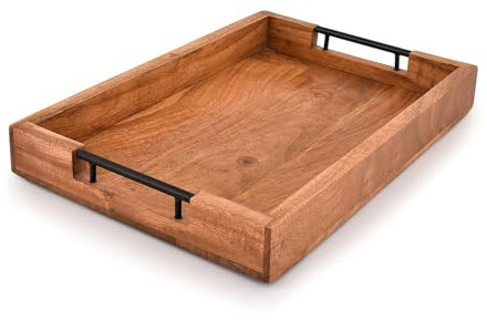 Mahasu Tray with Metal Handles Acacia Wood Serving Tray Decorative Ottoman Coffee Table Tray for Living Room Kitchen Food Tray (15 X 10 X 1.6)