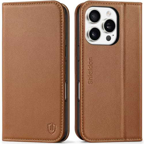 SHIELDON Hülle für iPhone 16 Pro 5G, Echtleder Hülle [Magnetverschluss] [Ständer] [RFID-Blocker] TPU Klapphülle Stoßfest Etui Kompatibel mit iPhone 16 Pro 6,3 2024 - Sattelbraun