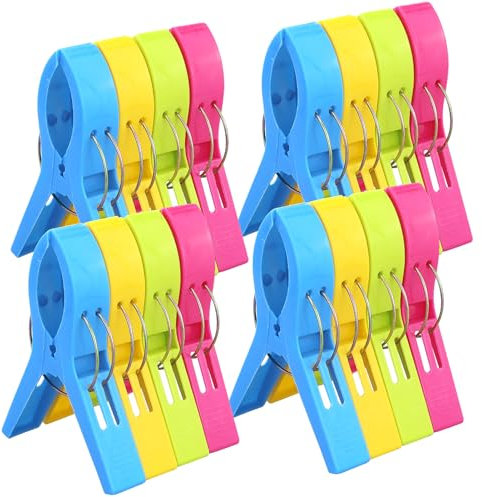 Lot de 16 grandes pinces à linge 4 couleurs - Pinces à serviette de plage - Pinces coupe-vent pour serviette de plage et chaises longues