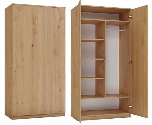 BDW Kleiderschränk 2 Türen, 6 Einlegeböden, Kleiderständer, Mehrzweckschrank, Schubladenschrank, Garderobenschrank für Schlafzimmer, Wohnräume, 180x90x50cm, (Artisan-Eiche)