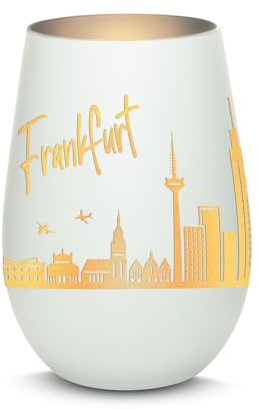 Gravur-Max Windlicht mit 360° Gravur Skyline Frankfurt Deko Glaslicht als tolles Geschenk mit Einer hochwertigen Lasergravur zu jedem Anlass in der Farbe Weiß/Silber