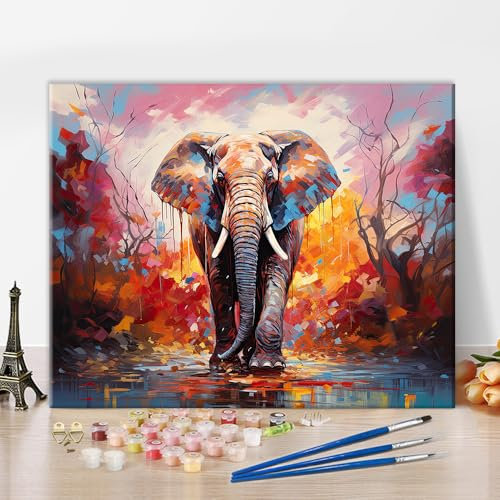 TISHIRON Kit de peinture à l'huile éléphant par numéros pour débutants - Peinture à l'huile abstraite colorée avec pinceau et pigment - Pour adultes - Acrylique - Bricolage facile - 40 x 50 cm - Sans