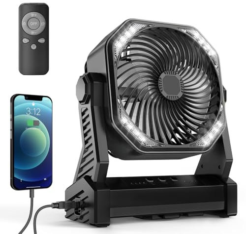 270 Degree Pivot Tent Fan, 20000mAh Camping Fan with LED Lantern, USB Rechargeable Outdoor Tent Fan with Light Hook, Large Air Volume Cooling Fan, for Picnic, Barbecue, Fishing black