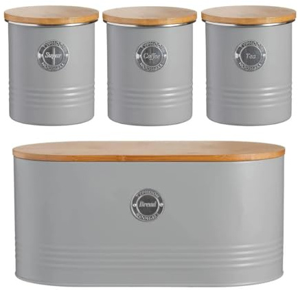 Typhoon Living Kitchen Storage Set, 4-Piece Canister Collection with Bamboo Lids, Grey Metal Containers for Tea Coffee Sugar and Bread (Grey Set of 4)