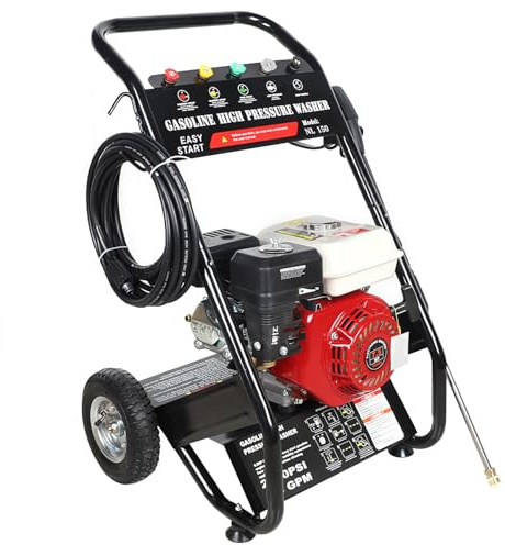 Benzin Hochdruckreiniger 7.5HP 170-190 Bar Viertaktmotor Benzinmotor Dampfstrahler Heißwasser Pressure Washer mit 5 Düsen 8m Schlauch, 2m Wasserzulaufschlauch für Auto und Hausreinigung