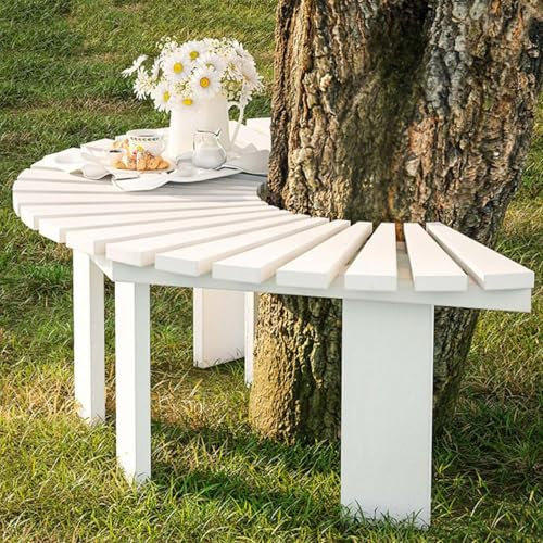 Gartenbank aus Holz für den Außenbereich, Hofbänke, Terrassenstuhl, Gebogene Bank mit Massivholzrahmen, halbrunde runde Baumbank für Rasen, Hof, Veranda, Terrasse und Poolrand(Weiß,Half Round)