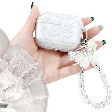 MHYALUDO für Airpods Pro 2. Generation Fall mit tragbarem Armband, kompatibel mit Airpods Pro 2 Case, klare TPU stoßfeste Abdeckung mit Mode niedlichen Schmetterling Design, Glitter Schmetterling