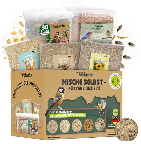 Eggersmann volaris Selbst-Mix-Bundle Plus für Wildvögel – Sonnenblumenkerne, Erdnüsse, Haferflocken 2 kg, Mehlwürmer 900 g & Meisenknödel 30 STK. – Ganzjähriges Vogelfutter zum Mischen