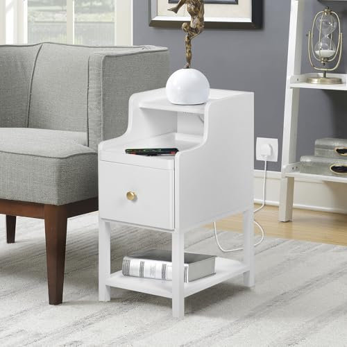 Hadwin White Bedside Table with Drawer and Charging Station,Removeable Tray,Slim Small Night Stand Bedside Cabinet for Bedroom,Narrow Bedside Tables Side Table for Living Room,30x40x63cm