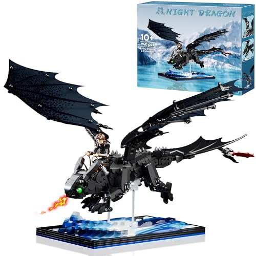 VEPOWER Schwarzer Fantasy Drachen Klemmbaustein Set ab 10 Jahren | Drachenmodell zum Bauen und Ausstellen mit Display-Sockel, Geschenk für Jungen Jugendliche & Erwachsene, 940 Teile