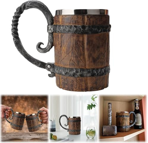 Wooden Barrel Beer Mug, Handmade Wooden Barrel Stainless Double Wall Beer Mug, Medieval Retro Viking Coffee Cup, Vintage Tea Cup for Bar Restaurant Home Decor(550ml)