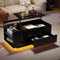 Tables Basses avec Plateau Relevable, 1 Tiroir Table de Salon Extensible avec LED, Port USB et Prise, Étagères en Verre, Rangement Ouvert et Caché, Haute Brillance Table d'appoint pour Salon, Bureau