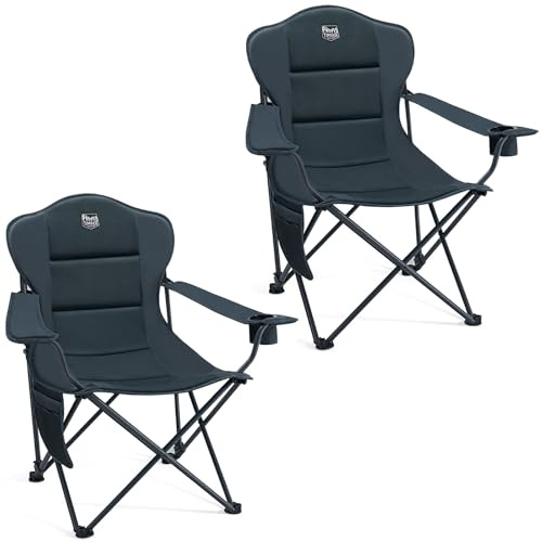 TIMBER RIDGE Folding Camping Chair Set of 2 Adjustable Recliner 150kg | Extra Wide Camping Recliner Chair, 3-Level Recline, Adjustable Armrests, Cup Holder Portable for Fishing Picnic Garden